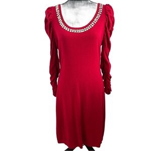 Boston Proper Red Knit Dress with Embellished Neckline. Size Medium.